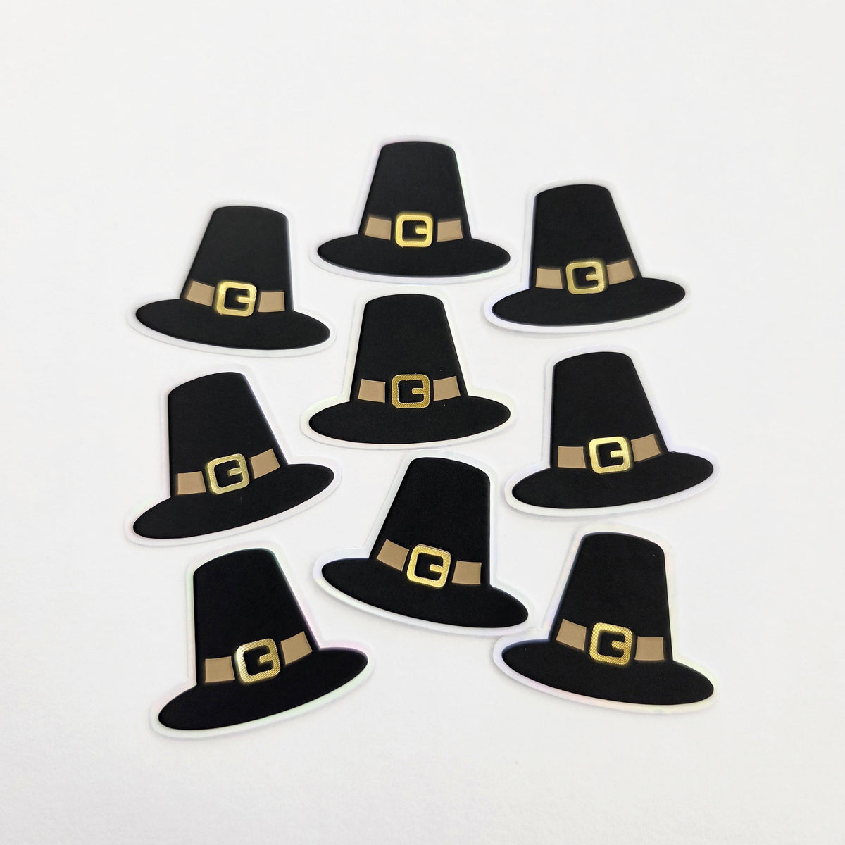 Pilgrim Hats Die Cut Stickers for Thanksgiving, craft embellishments for holiday dinner decor, gift tags and place cards.