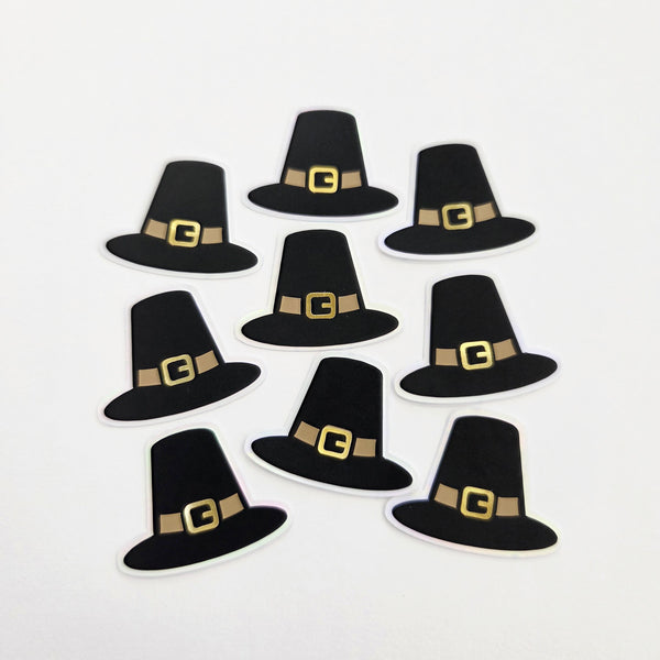 Pilgrim Hats Die Cut Stickers for Thanksgiving, craft embellishments for holiday dinner decor, gift tags and place cards.