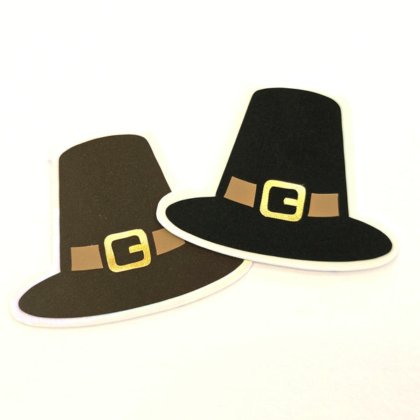 Pilgrim Hats Die Cut Stickers for Thanksgiving, craft embellishments for holiday dinner decor, gift tags and place cards.