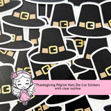 Pilgrim Hats Die Cut Stickers for Thanksgiving, craft embellishments for holiday dinner decor, gift tags and place cards.