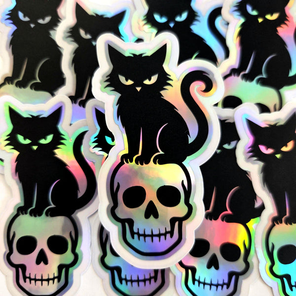 Black Cat on Skull Sticker, Halloween decor