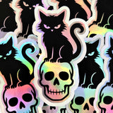 Black Cat on Skull Sticker, Halloween decor