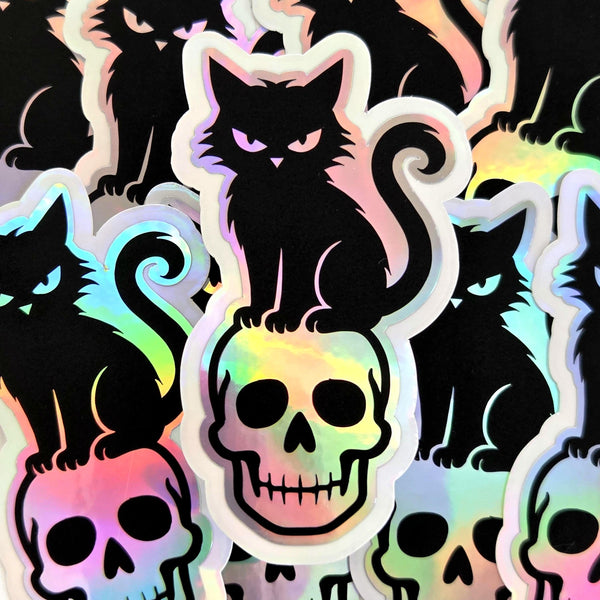 Black Cat on Skull Sticker, Halloween decor