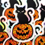 Black Cat on Pumpkin Sticker, Halloween decor