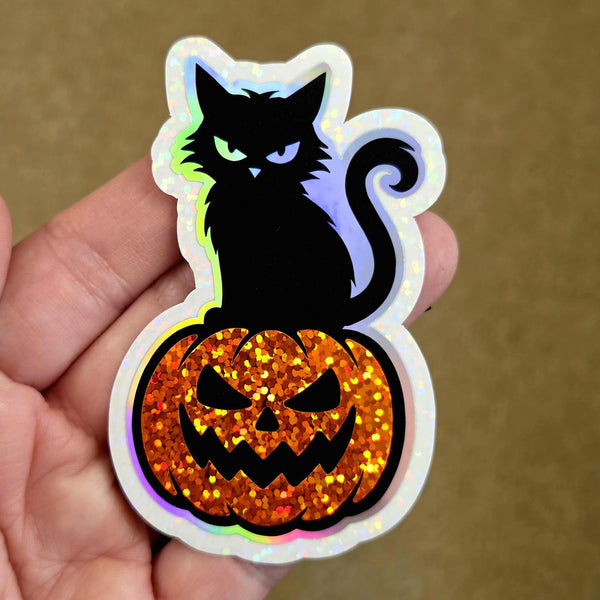 Black Cat on Pumpkin Sticker, Halloween decor