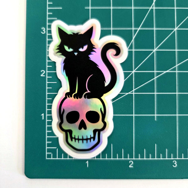 Black Cat on Skull Sticker, Halloween decor