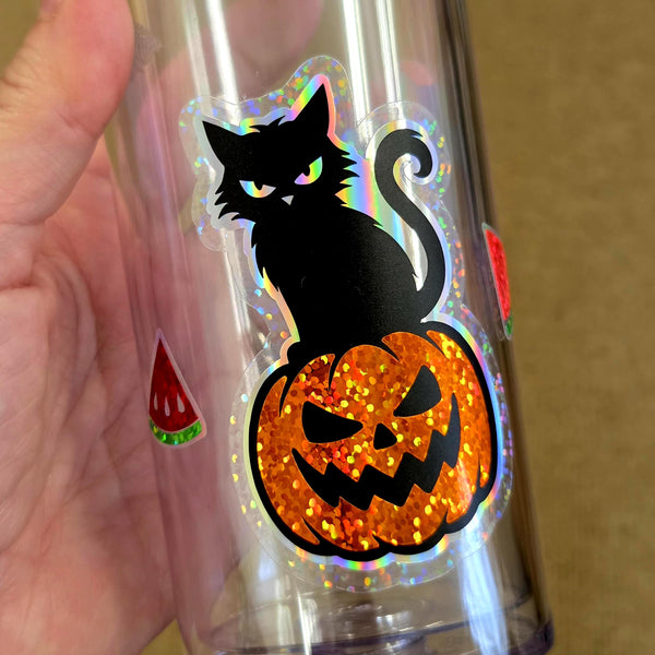 Black Cat on Pumpkin Sticker, Halloween decor