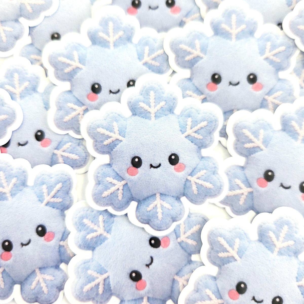 Snowflake Plushie Sticker Set, glossy die cut printed stickers for winter holidays