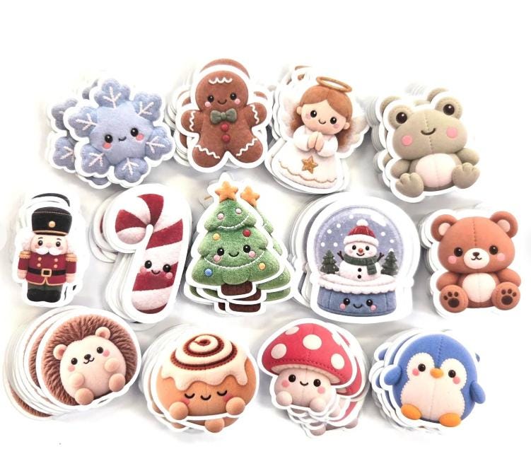 Gingerbread Cookie Plushie Sticker Set, glossy die cut printed stickers for Christmas