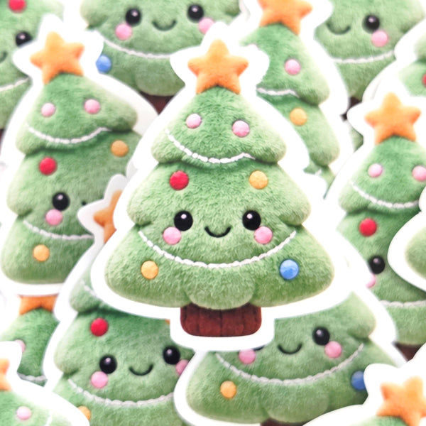 Christmas Tree Plushie Sticker Set, glossy die cut printed stickers for winter holidays