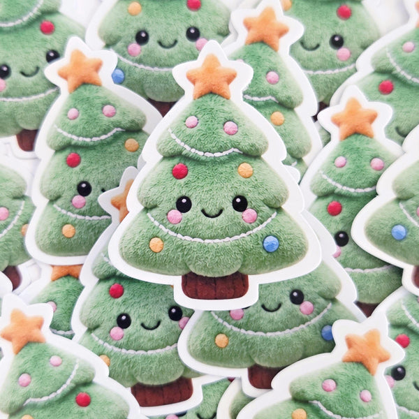 Printed Christmas tree stickers designed to look like a plushie