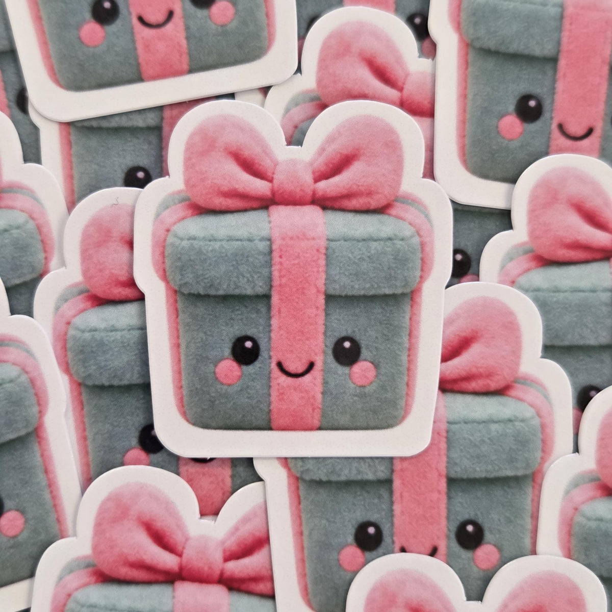 Christmas Present Plushie Sticker Set, glossy die cut printed stickers for winter holidays