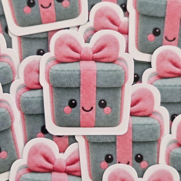 Christmas Present Plushie Sticker Set, glossy die cut printed stickers for winter holidays