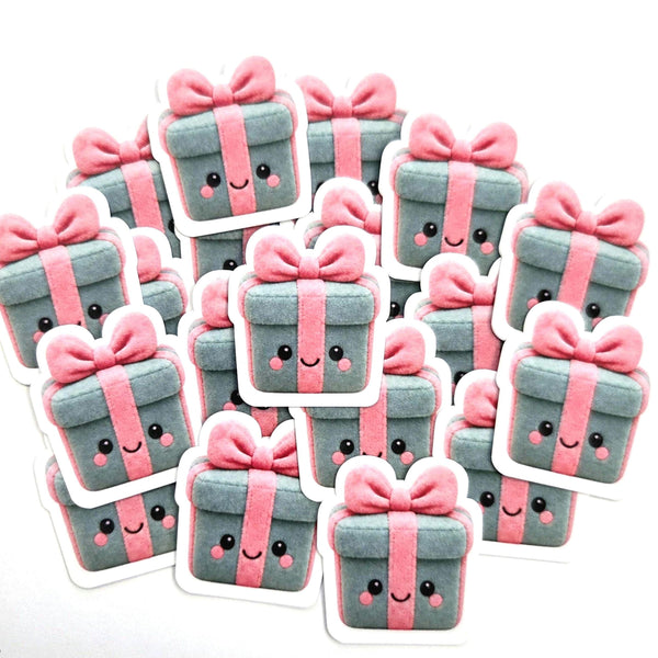 Christmas Present Plushie Sticker Set, glossy die cut printed stickers for winter holidays
