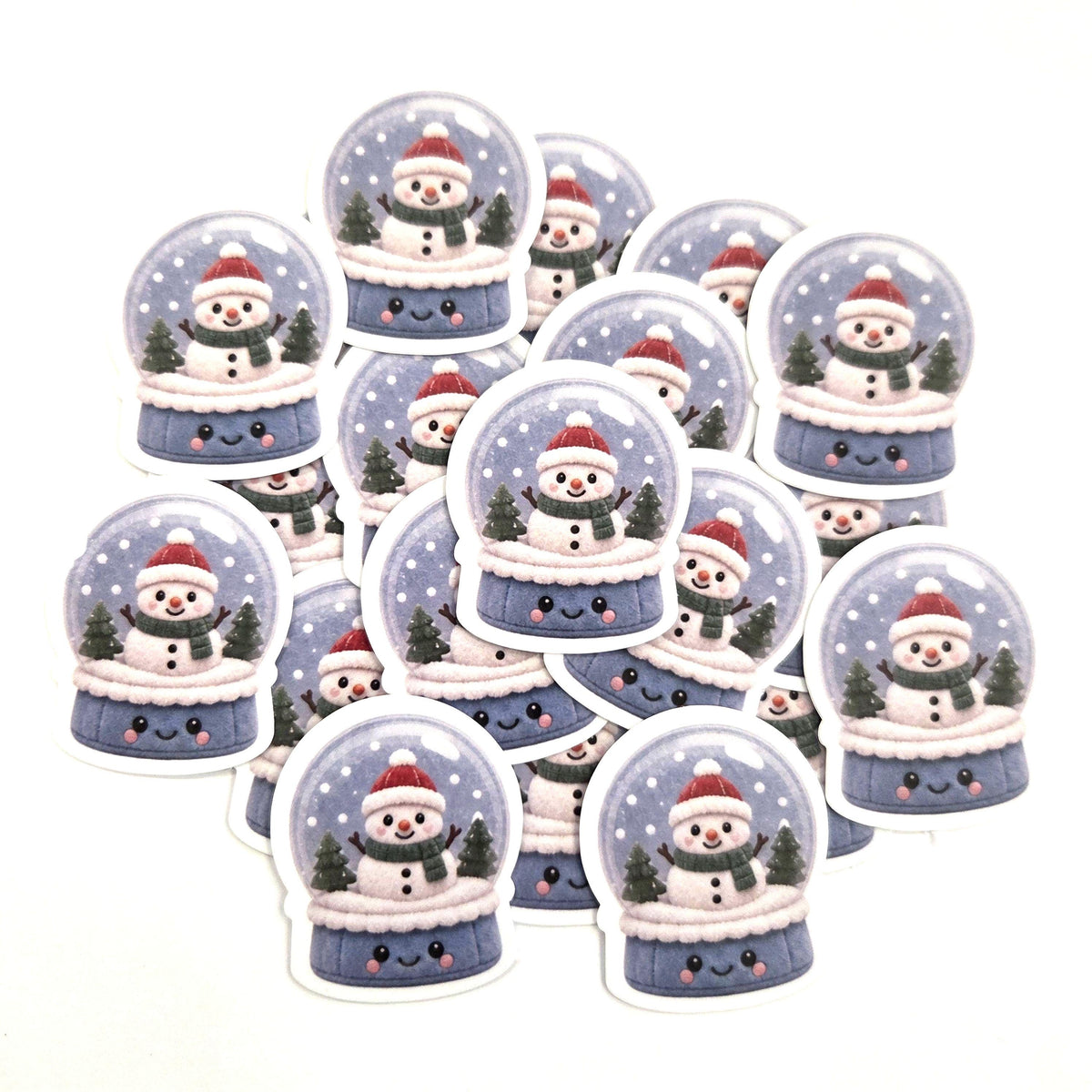 Snowman Snowglobe Plushie Sticker Set, glossy die cut printed stickers for winter holidays
