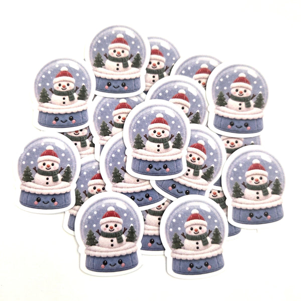 Snowman Snowglobe Plushie Sticker Set, glossy die cut printed stickers for winter holidays