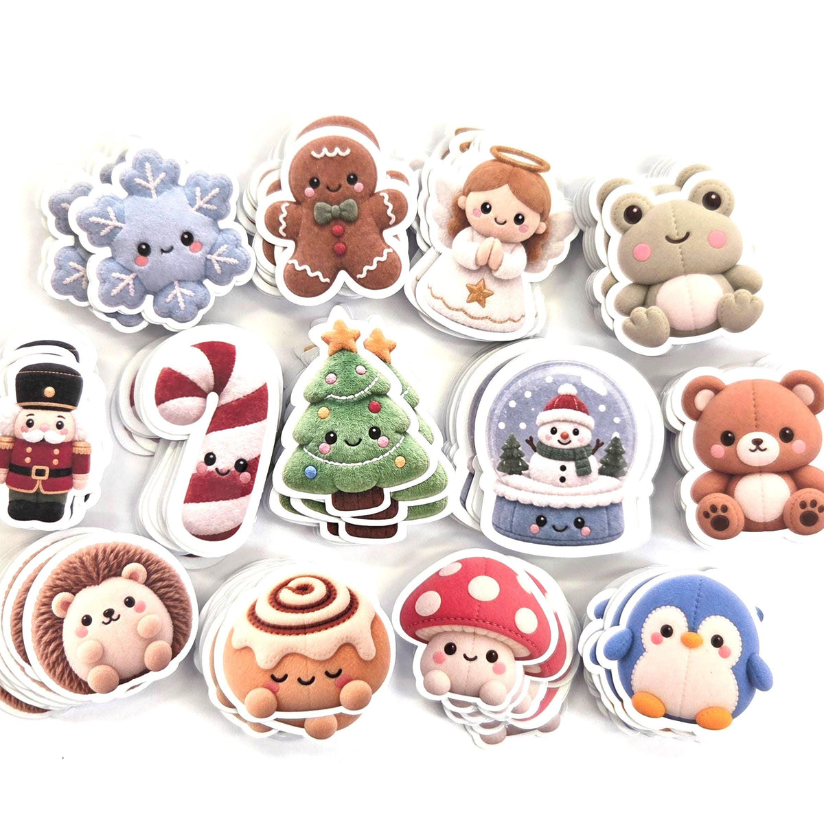 Snowflake Plushie Sticker Set, glossy die cut printed stickers for winter holidays