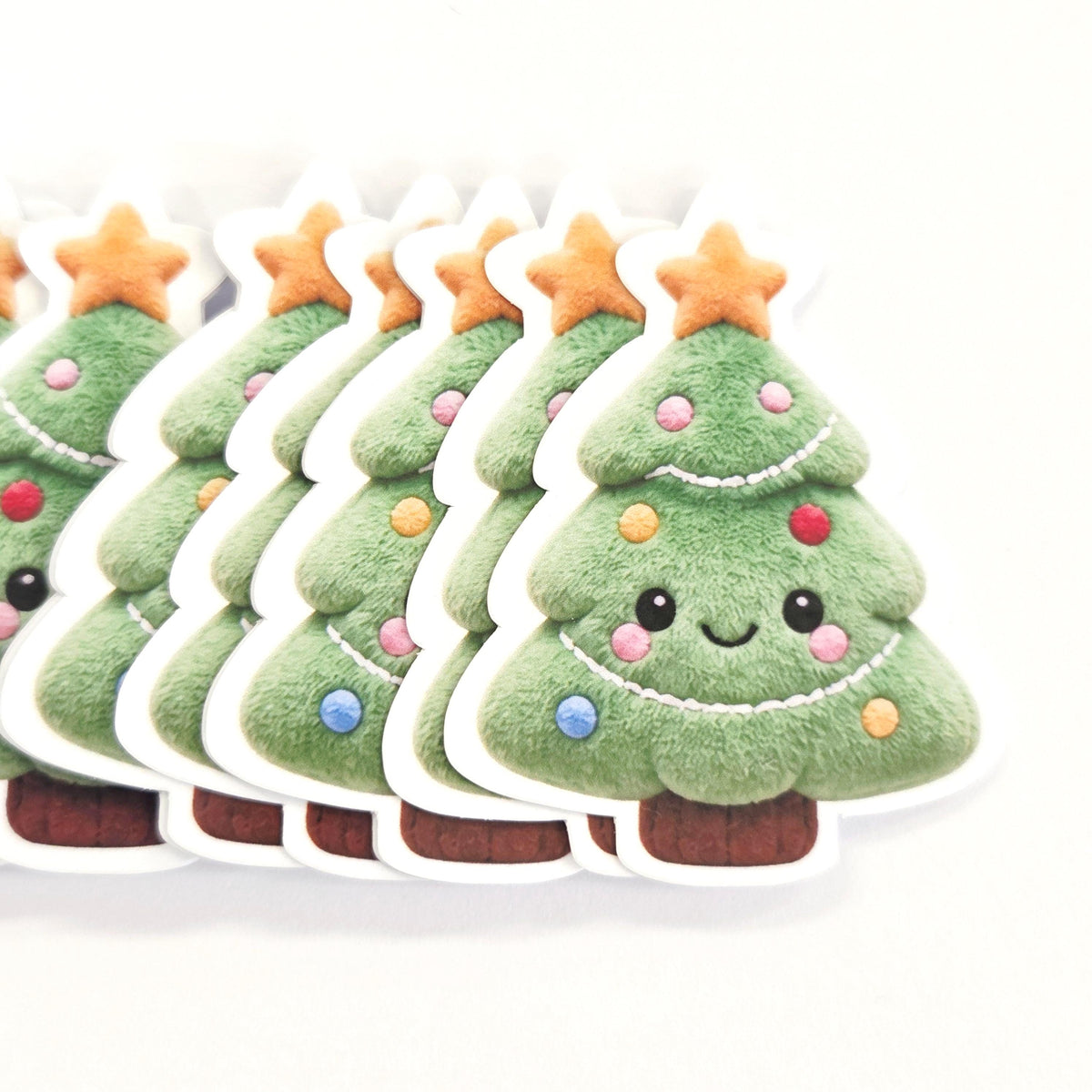 Christmas Tree Plushie Sticker Set, glossy die cut printed stickers for winter holidays