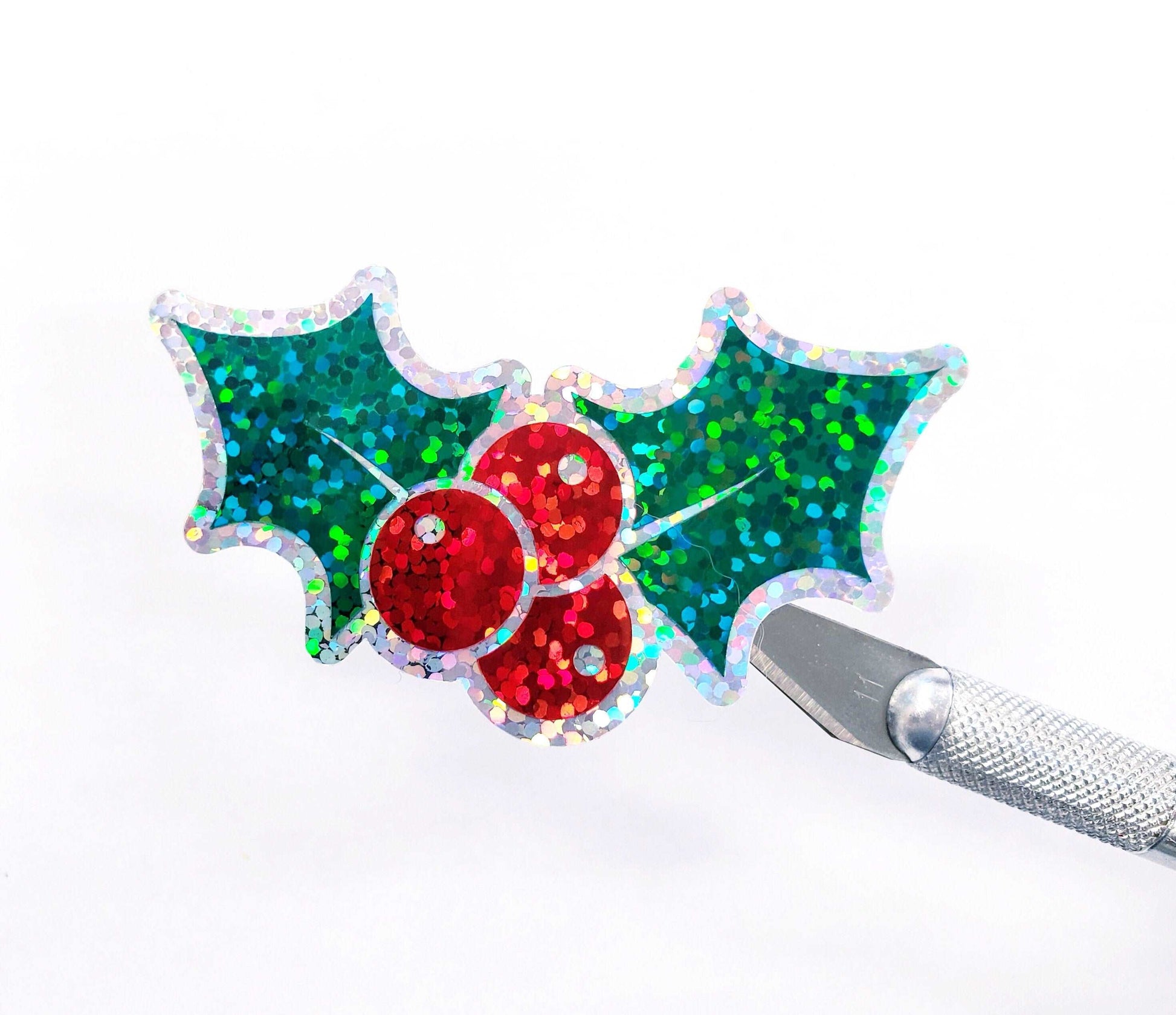 Holly Berry Stickers, Christmas Decals, set of 12 vinyl glitter stickers holiday party decor, disposable drink cup decals, tiered tray signs