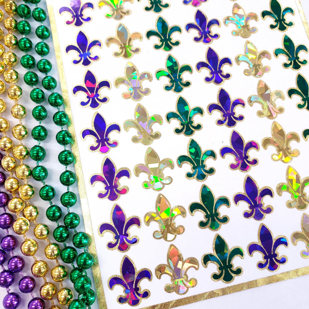 Mardi Gras Stickers, set of 48 purple green and gold French Fleur de Lis sparkly stickers, Louisiana flower symbol, Fat Tuesday stickers.