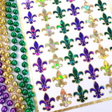 Mardi Gras Stickers, set of 48 purple green and gold French Fleur de Lis sparkly stickers, Louisiana flower symbol, Fat Tuesday stickers.
