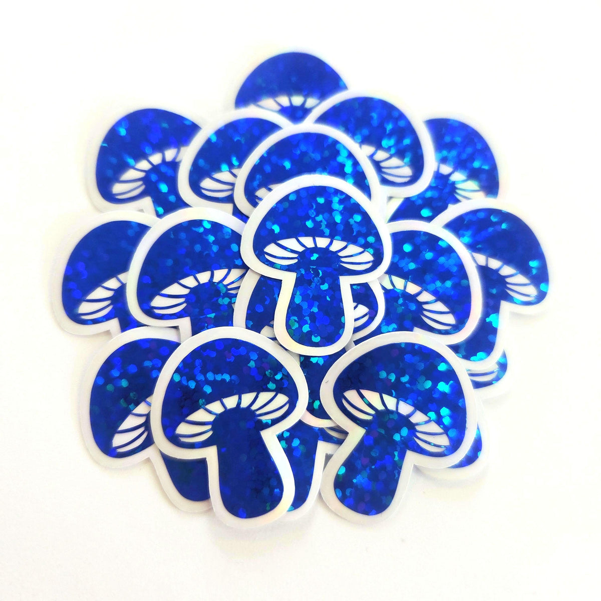 Tiny Blue Mushroom Stickers, set of 12 die-cut sparkly toadstool decals for cottagecore scrapbooking, crafts, journals