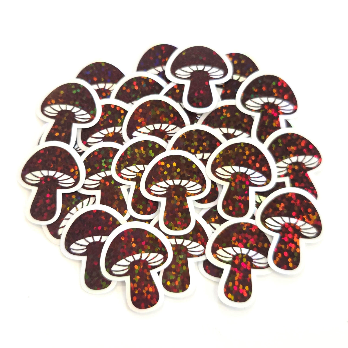 Mini Brown Mushroom Sticker Set, sparkly toadstool decals for cottagecore scrapbooking, crafts, journals