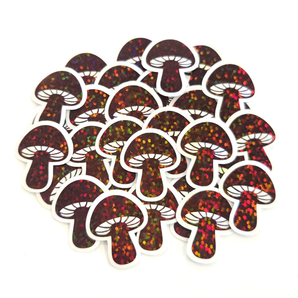 Mini Brown Mushroom Sticker Set, sparkly toadstool decals for cottagecore scrapbooking, crafts, journals