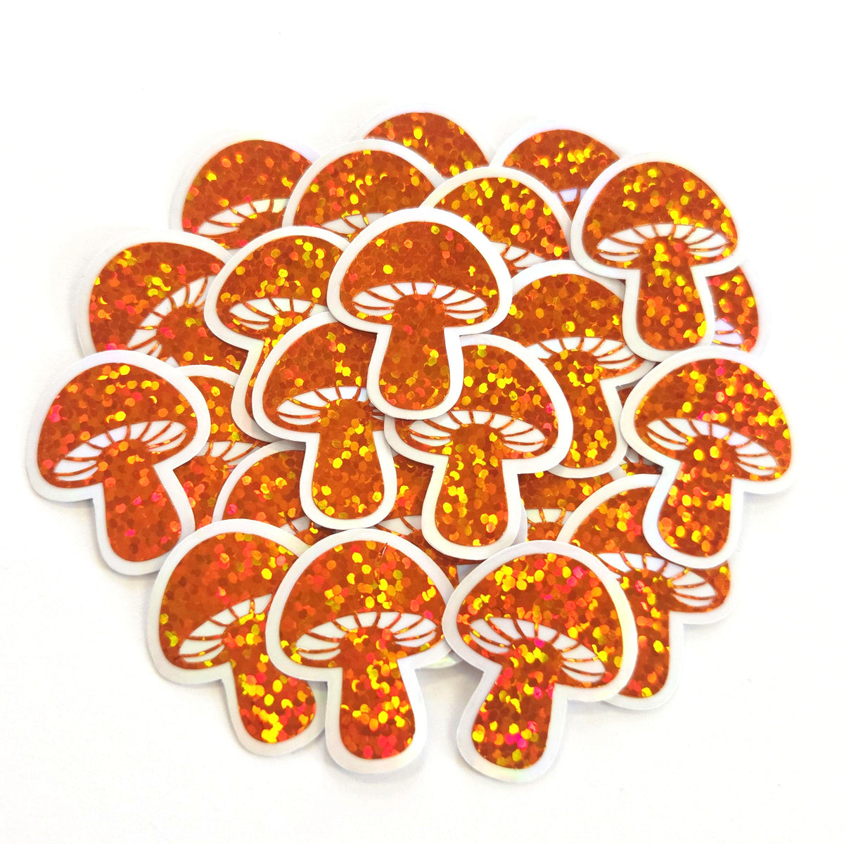 Tiny Orange Mushroom Stickers, set of 12 die-cut sparkly toadstool decals for cottagecore scrapbooking, crafts, journals
