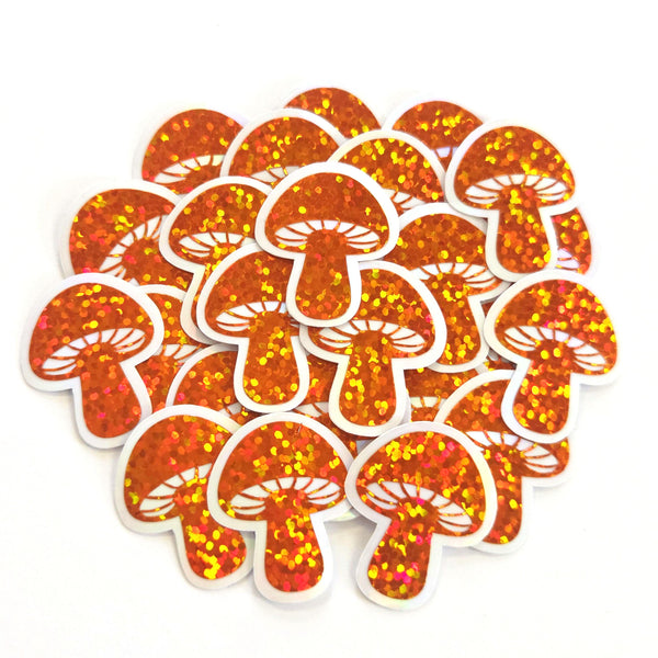 Tiny Orange Mushroom Stickers, set of 12 die-cut sparkly toadstool decals for cottagecore scrapbooking, crafts, journals