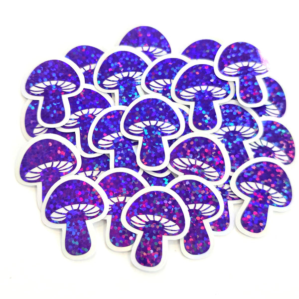 Mini Mushroom Stickers in purple, set of 12 die-cut sparkly toadstool decals for cottagecore scrapbooking, crafts, journals
