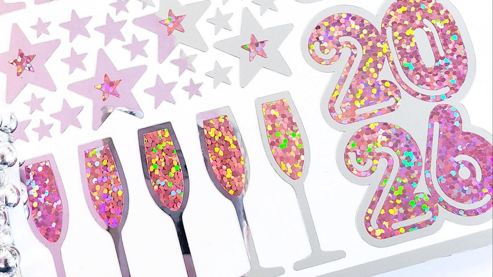  2026 Pink and Silver Champagne Sticker Sheet – Sparkly New Year Planner Stickers
