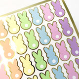 Pastel Rainbow Bunny Stickers, set of 42 Easter Rabbit stickers for spring decor, cards, gift tags and scrapbook pages. Gold outline.