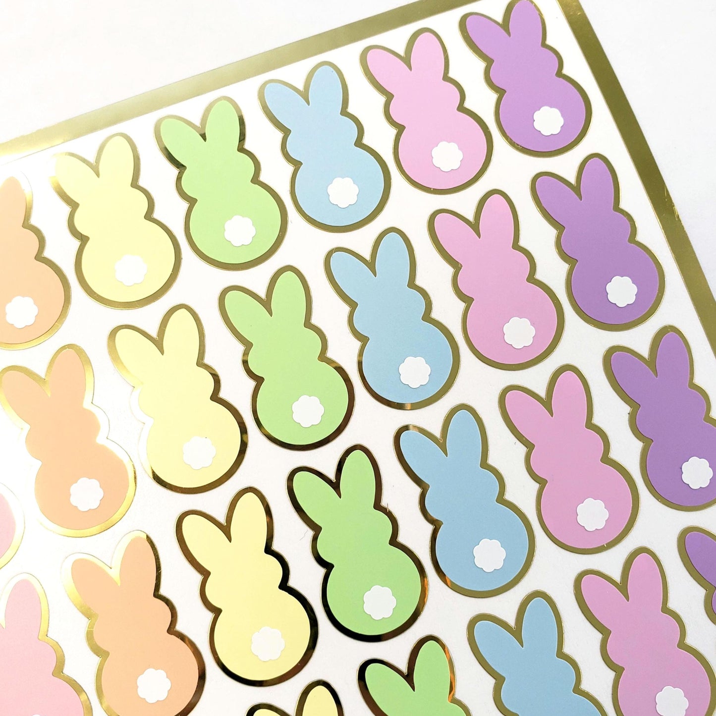 Pastel Rainbow Bunny Stickers, set of 42 Easter Rabbit stickers for spring decor, cards, gift tags and scrapbook pages. Gold outline.