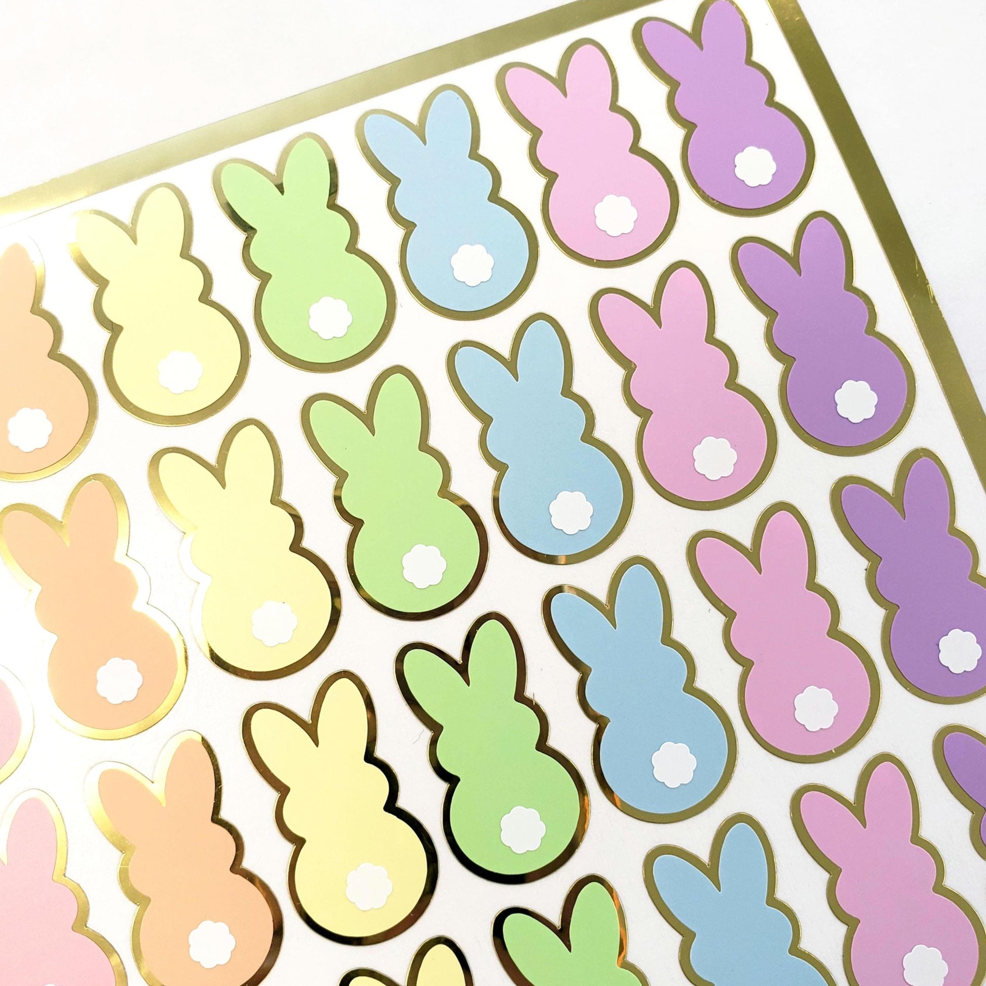 Pastel Rainbow Bunny Stickers, set of 42 Easter Rabbit stickers for spring decor, cards, gift tags and scrapbook pages. Gold outline.