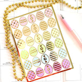 Pretty Pastel Easter Egg Stickers, set of 30 colorful polka dot egg decor for cards, journals and scrapbook embellishments. Gold outline.