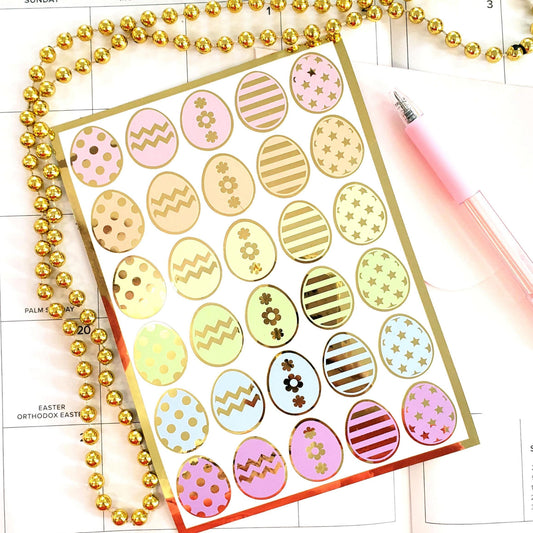 Pretty Pastel Easter Egg Stickers, set of 30 colorful polka dot egg decor for cards, journals and scrapbook embellishments. Gold outline.