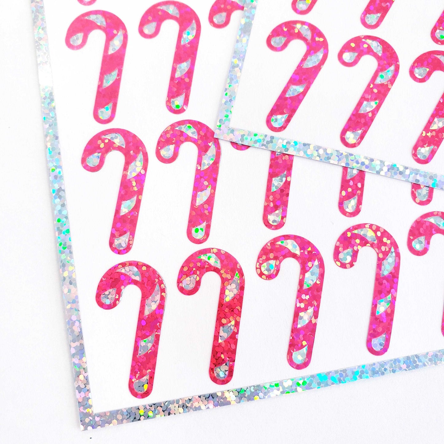 Pink Candy Cane Stickers, set of 30 sparkly Christmas peppermint stickers for holiday cards, ornaments, advent calendars and gift tags.