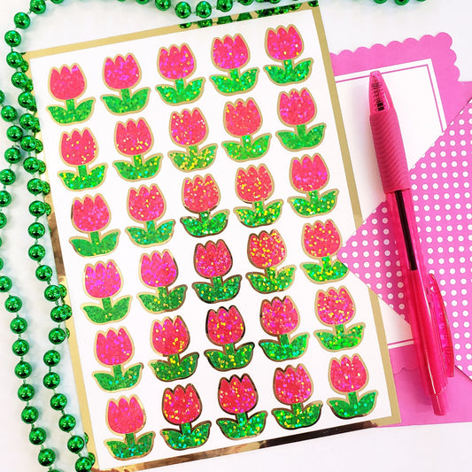 sticker sheet of 30 pink tulips