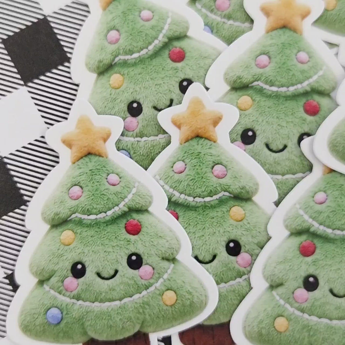 Christmas Tree Plushie Sticker Set, glossy die cut printed stickers for winter holidays