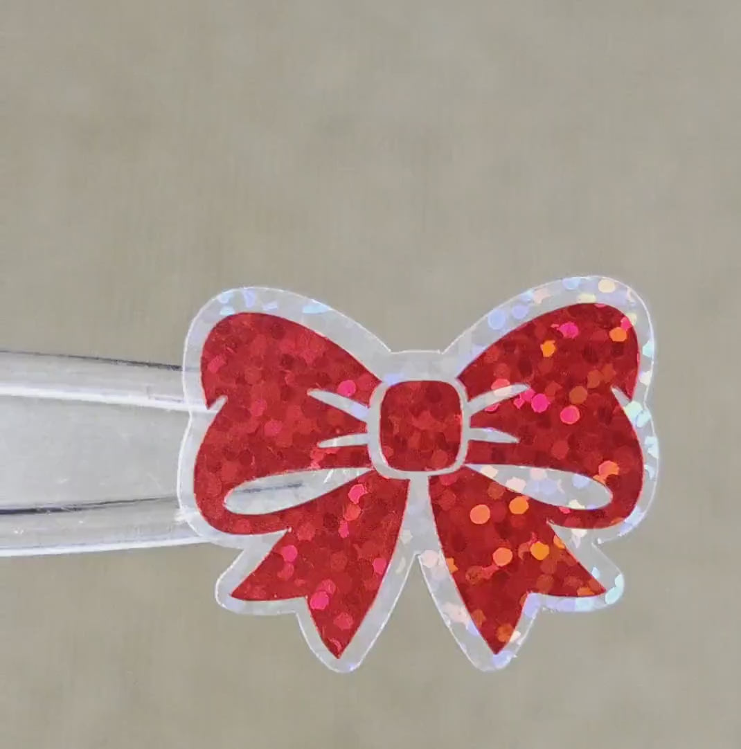 Red Bow Stickers, Small Sparkly Ribbon Vinyl Decals with clear outline