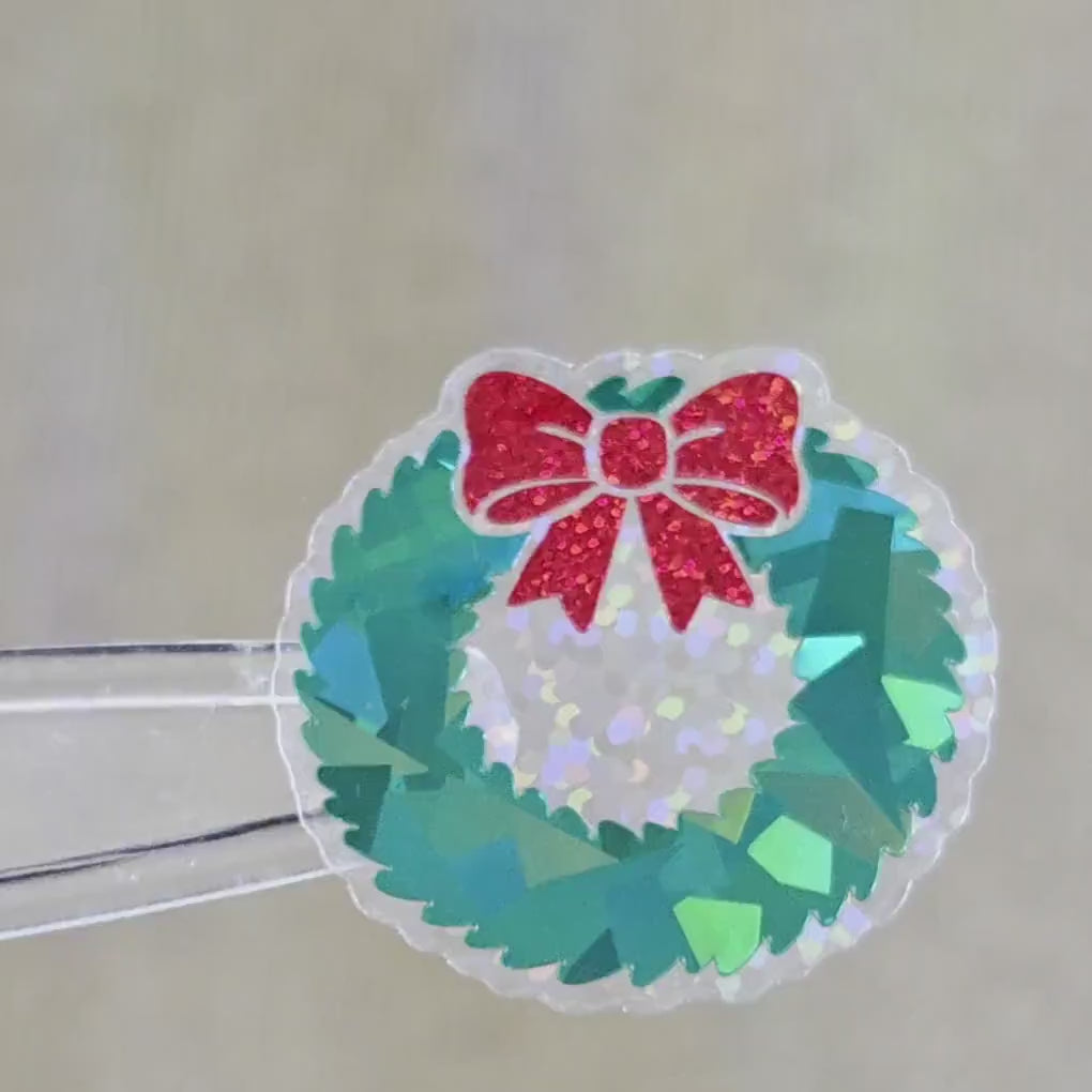 Sparkly Christmas Wreath Die Cut Stickers for card envelopes, gift tags and holiday crafts.