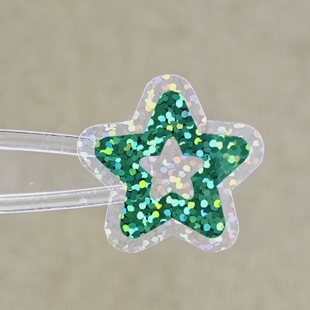 Dark Green Star Die Cut Stickers, set of 30 Sparkly Stars for crafts, journals, scrapbooks and classroom projects.