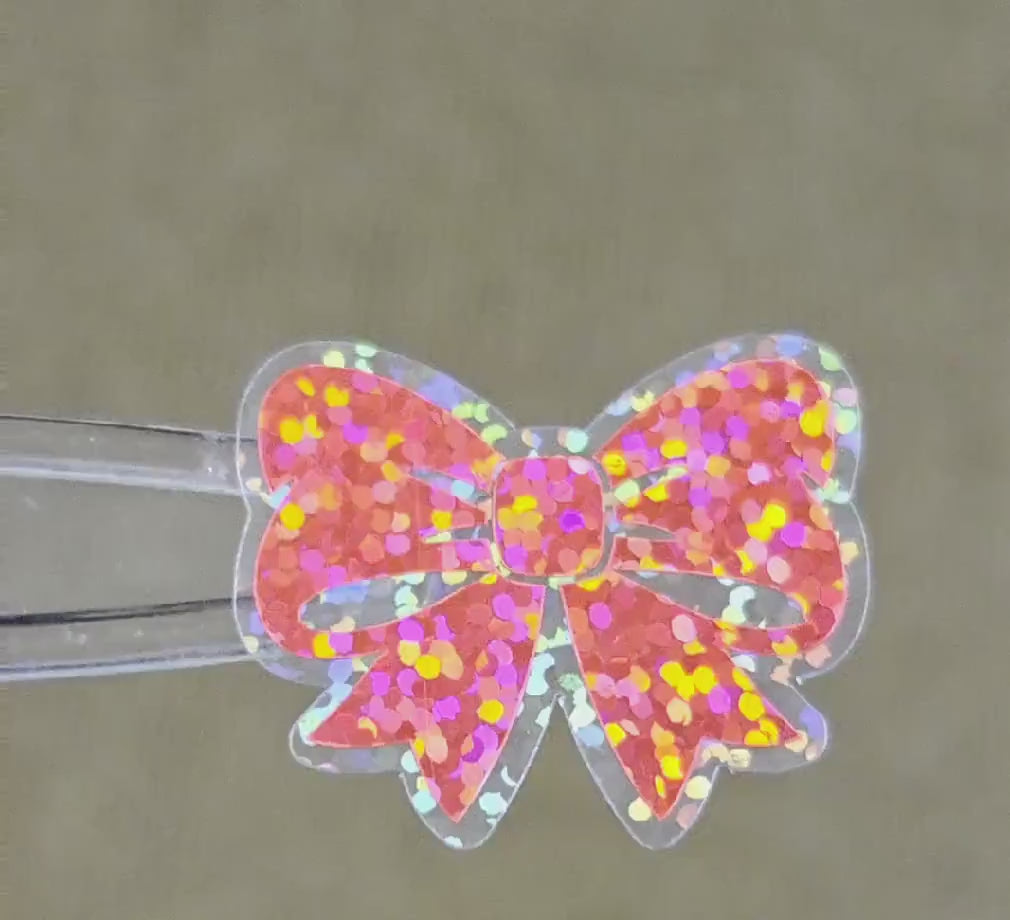 Pink Ribbon Stickers, Sparkly Vinyl Bow Decals, clear outline