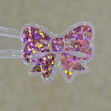 Light Pink Bow Stickers, Mini Pink Sparkly Ribbon Vinyl Decals, clear outline
