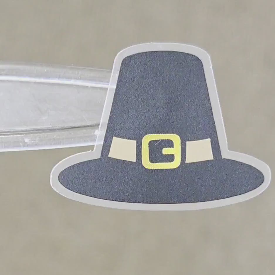 Pilgrim Hats Die Cut Stickers for Thanksgiving, craft embellishments for holiday dinner decor, gift tags and place cards.