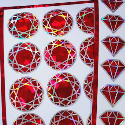 Red Diamond Sticker Bundle, set of 96 sparkly ruby gemstone stickers for July birthday, Cancer sign zodiac gift, Free shipping.