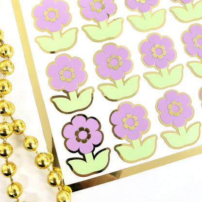 Purple Daisy Stickers, set of 28 small spring pastel flower decals for scrapbook pages, cards, envelopes and journal embellishments.