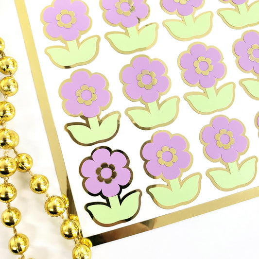 Purple Daisy Stickers, set of 28 small spring pastel flower decals for scrapbook pages, cards, envelopes and journal embellishments.