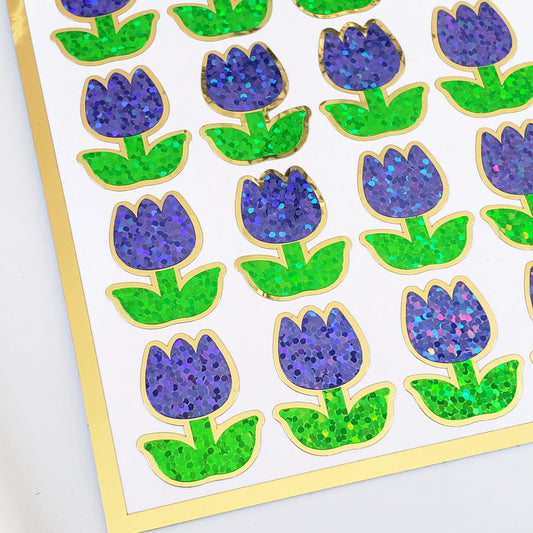 Purple Tulip Stickers, set of 30 small sparkly spring flower decor for scrapbook pages, Easter cards, envelopes and journal embellishments.